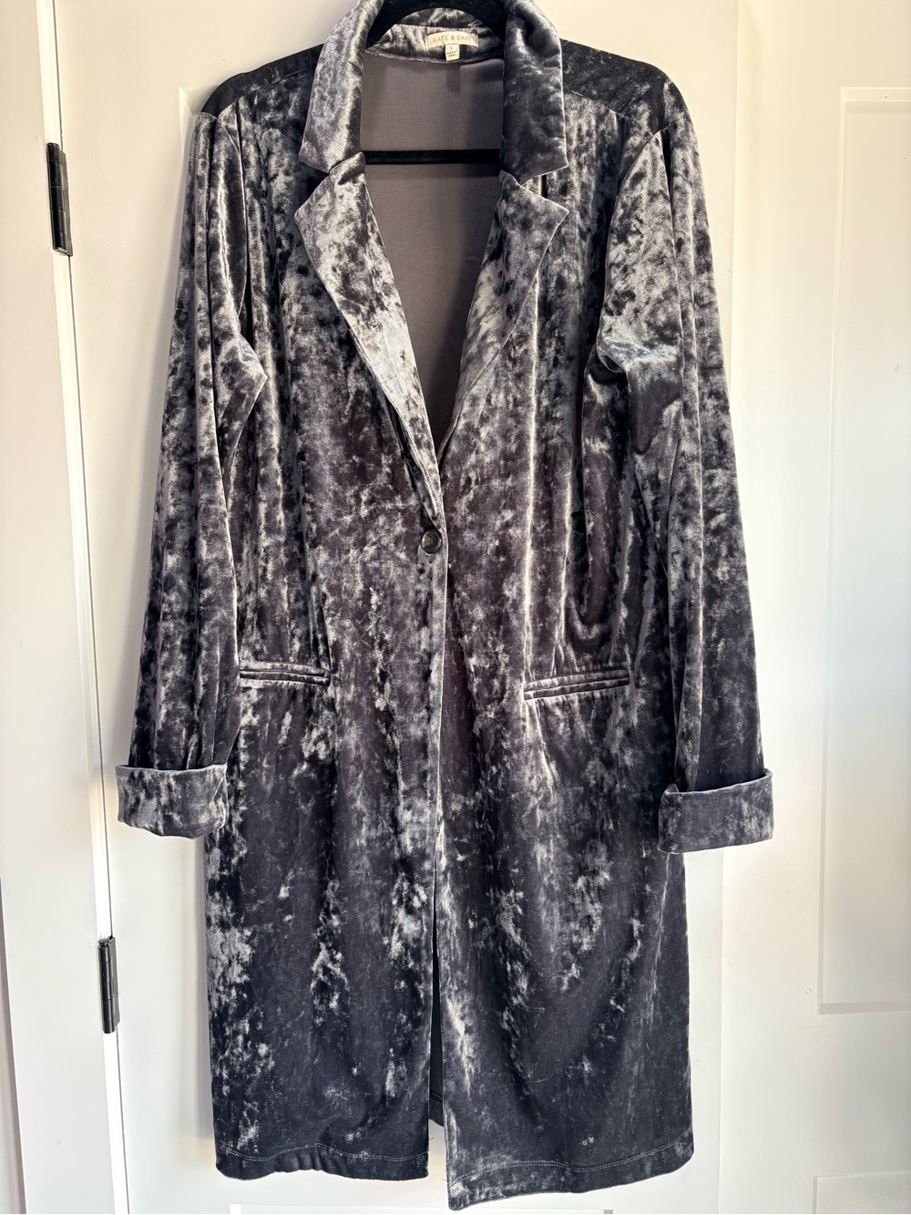 Crushed Velvet Longline Blazer Coat - Charcoal Gray